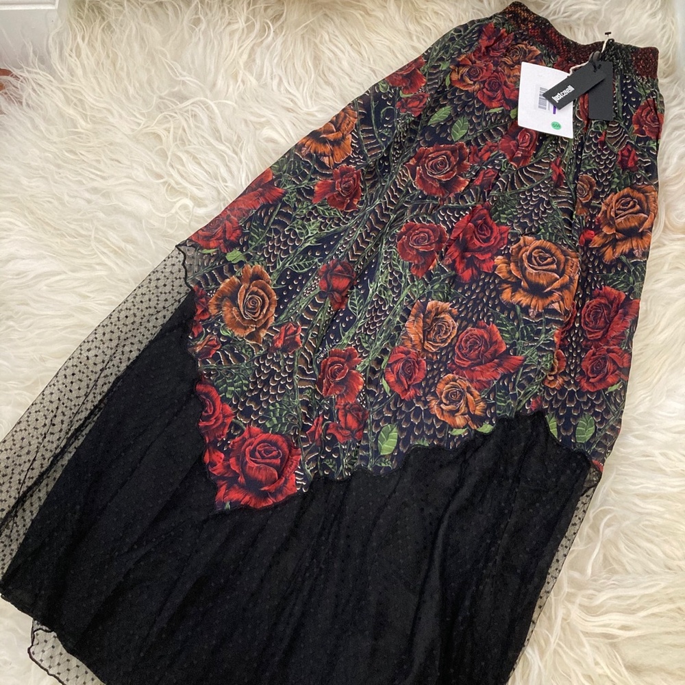 Just Cavalli Black Midi Dress with Red & Brown Rose Print NWT - Picture 3 of 8